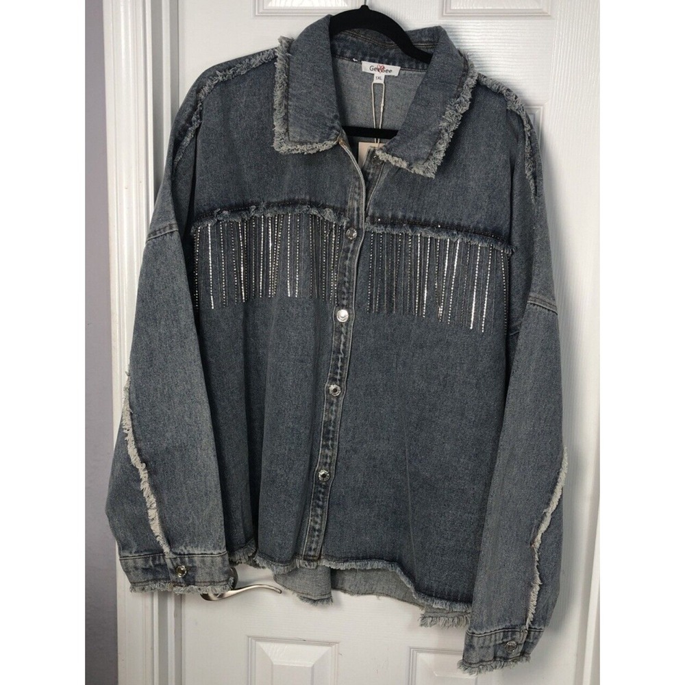 NWT GeeGee Plus - Blue Denim Jacket with Tassel Detailing & Distress - Size‎ 1X
